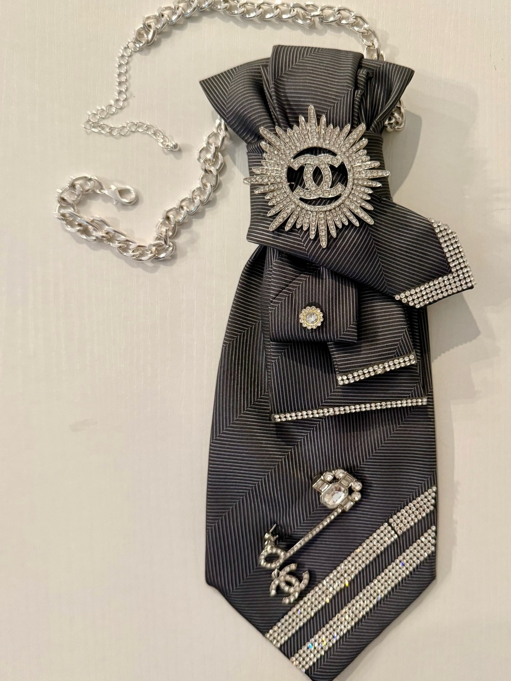 Statement Gray and Silver TIE NECKLACE with Rhinestone Brooch, Pin and Trim - Picture 3 of 8